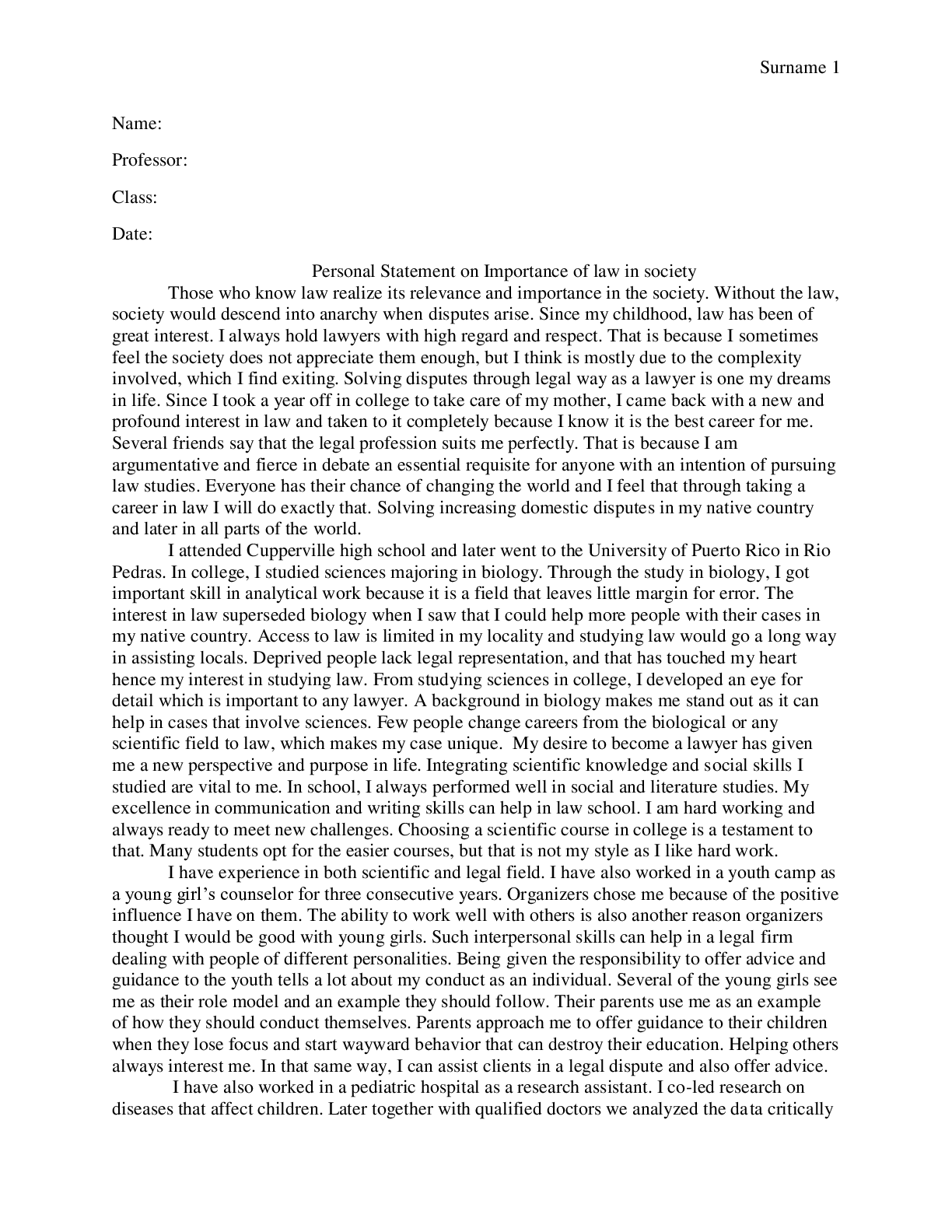 Preview image for Personal Statement on Importance of law in society